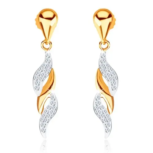 Zlaté 9K visiace náušnice s vlnkami a čírymi zirkónmi