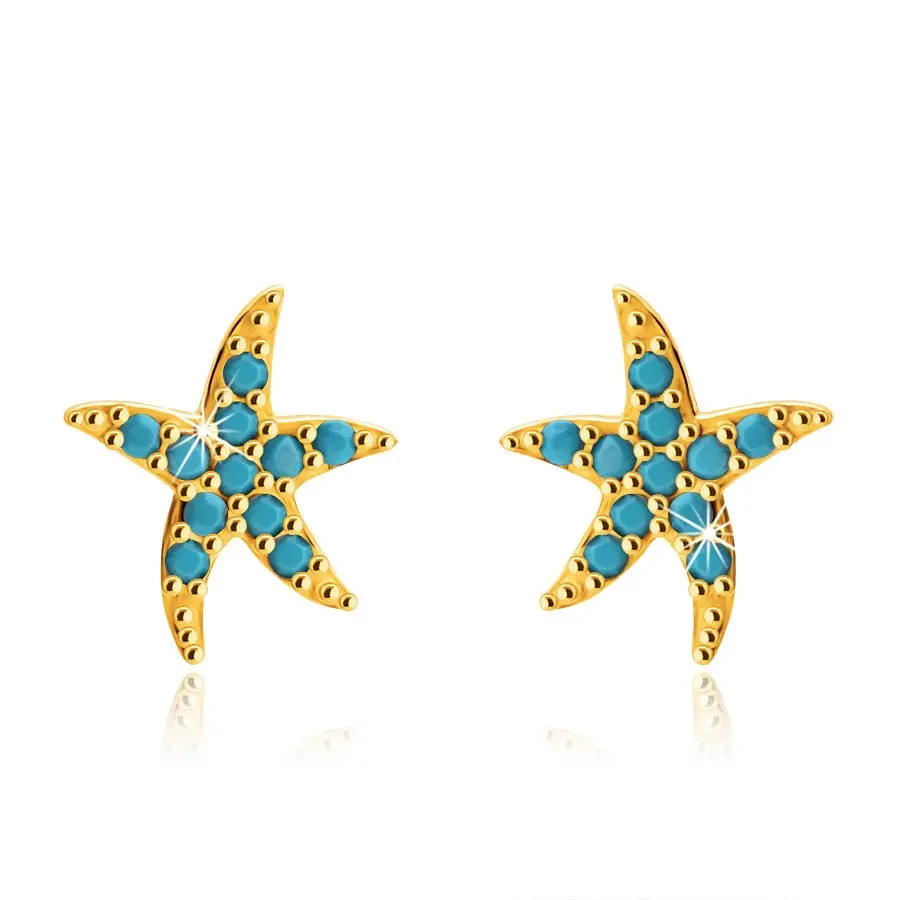 Puzetové náušnice zo žltého 14K zlata, nepravidelná hviezda, tyrkysové bodky