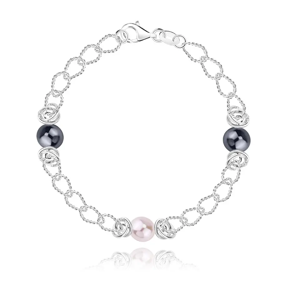 Strieborný 925 náramok - slzičkové očká, ružová a dve tmavosivé syntetické perly