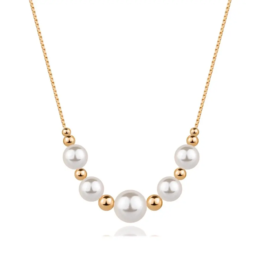 Strieborný 925 náhrdelník - ružovozlatá farba, biele syntetické perly, guličky