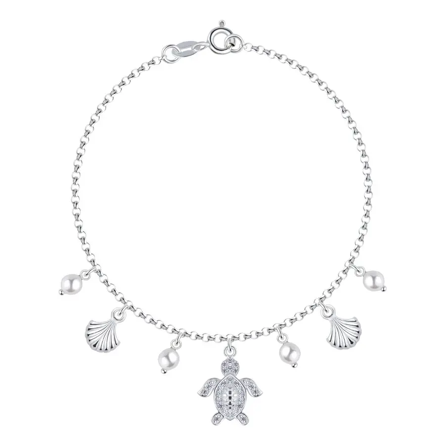 Strieborný 925 náramok - korytnačka, mušľa, biele syntetické perly, číre zirkóny