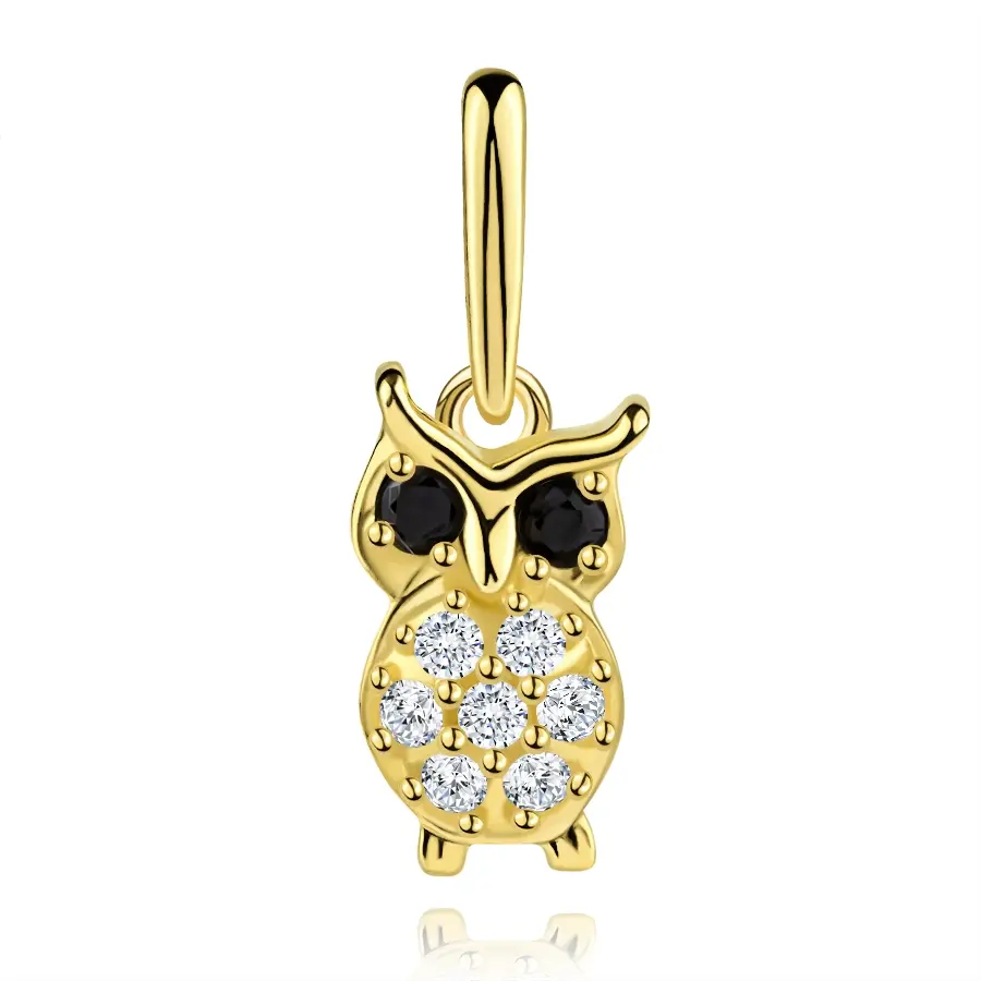Zlatý prívesok 9K v motíve sovy s čiernymi a čírymi zirkónmi