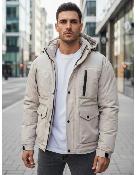 Pánska zimná bunda s kapucňou, svetlo béžová