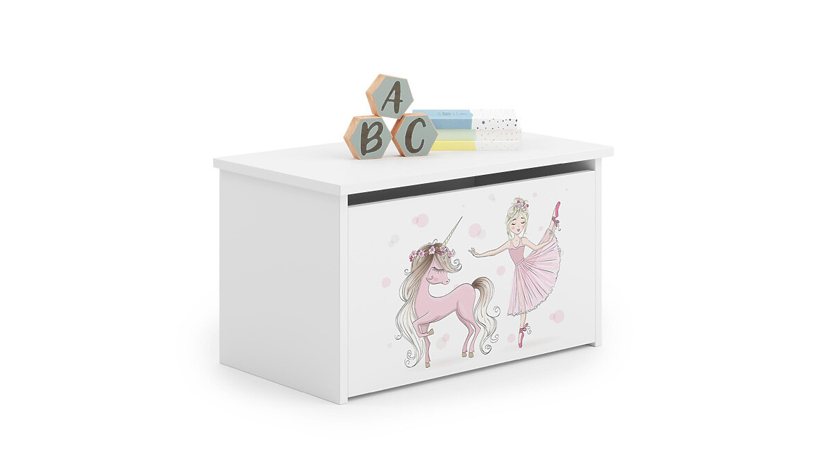 Truhlica na hračky Daria biela s potlačou Dievčatko s jednorožcom