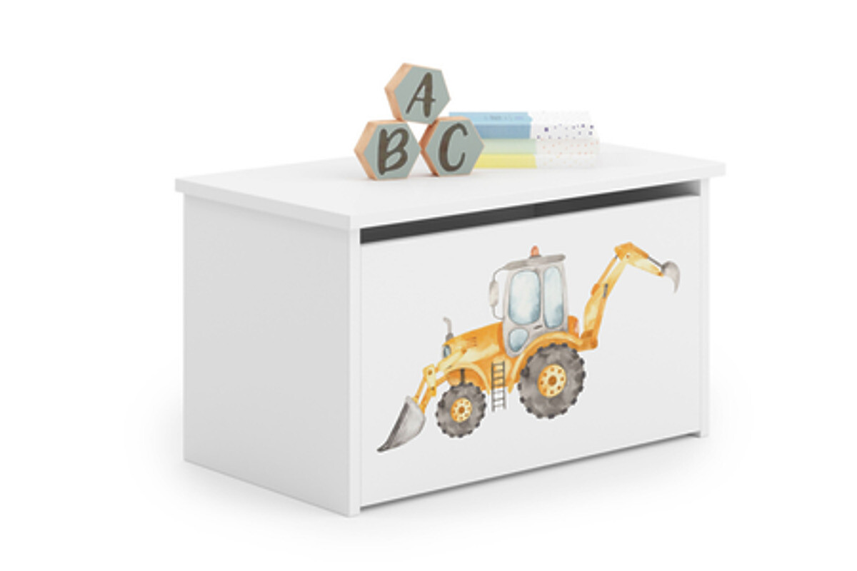 Truhlica na hračky Daria biela s potlačou Žltý bager