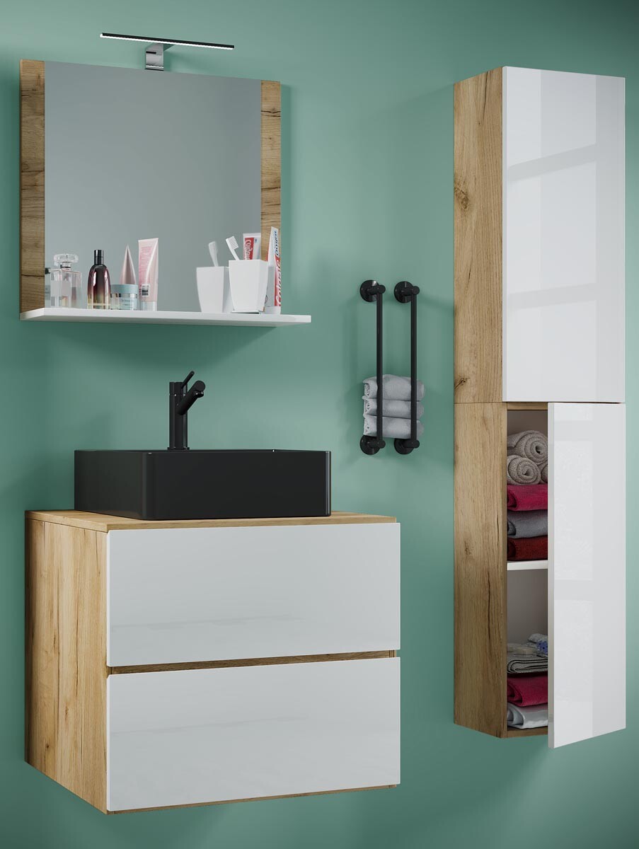 4-dielna umývadlová skrinka Lendas BL L so zrkadlom 60 cm + vysoká skrinka, medový dub