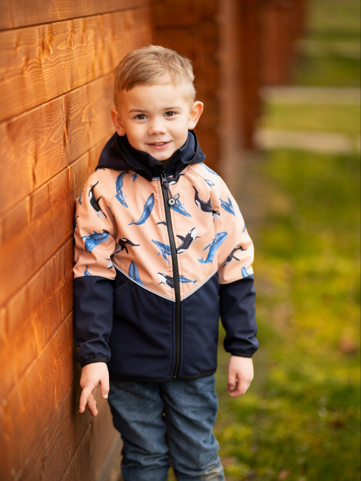 Unuo Unuo, Detská softshellová bunda s fleecom Slim, Tm. Modročierna, Marhuľová, Veľryby Veľkosť: 86/92 8596227138487