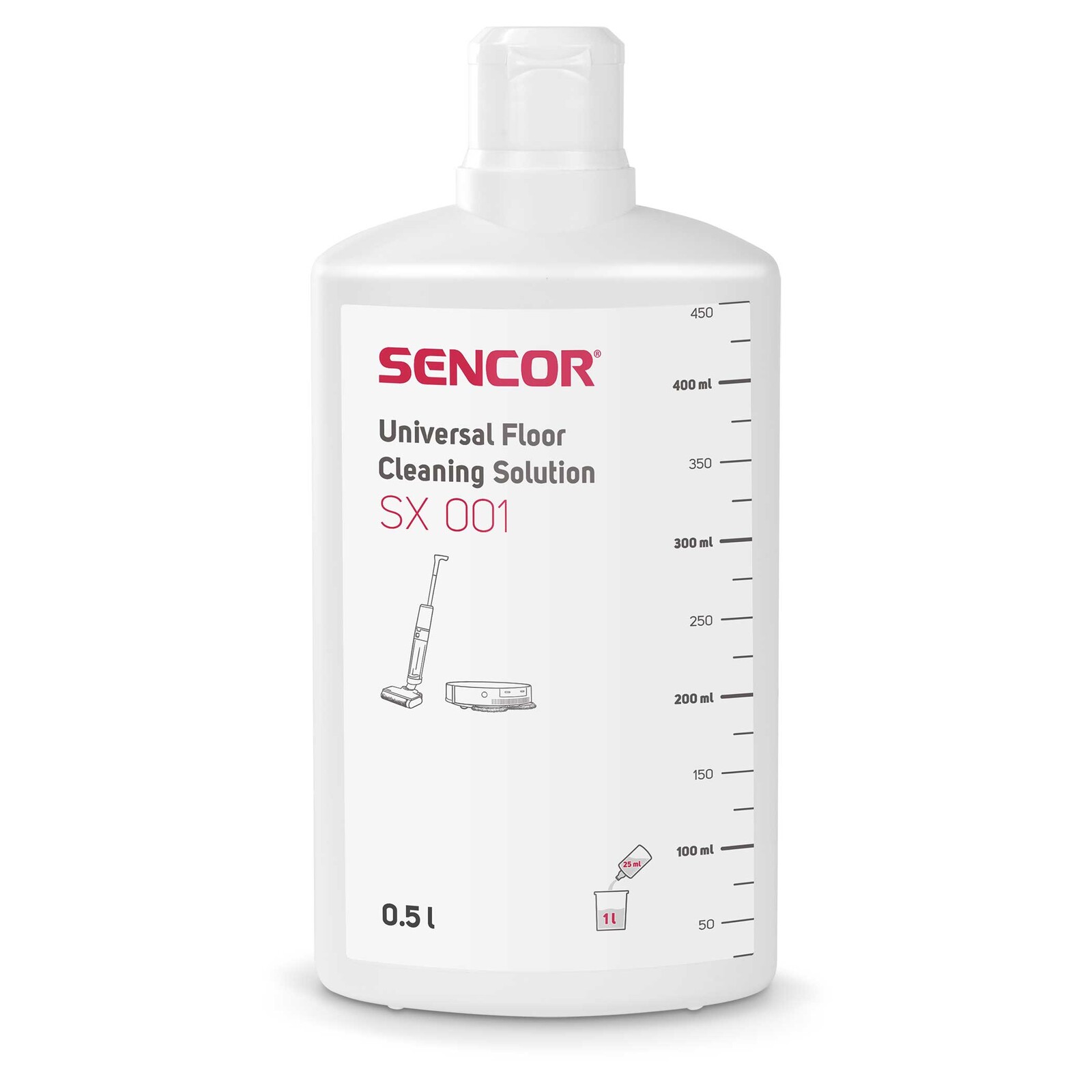 Sencor SX 001 Univerzálny čistiaci prostriedok Odporúčané dávkovanie: 25 ml / 1 l vody, Dodržujte návod umývacieho stroja a pokyny výrobcu podlahovej