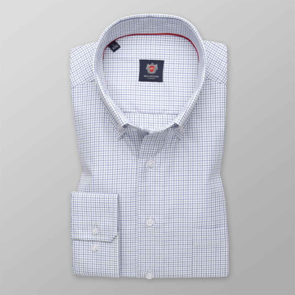 Klasická pánska biela košeľa s modrým károvaným vzorom 13069