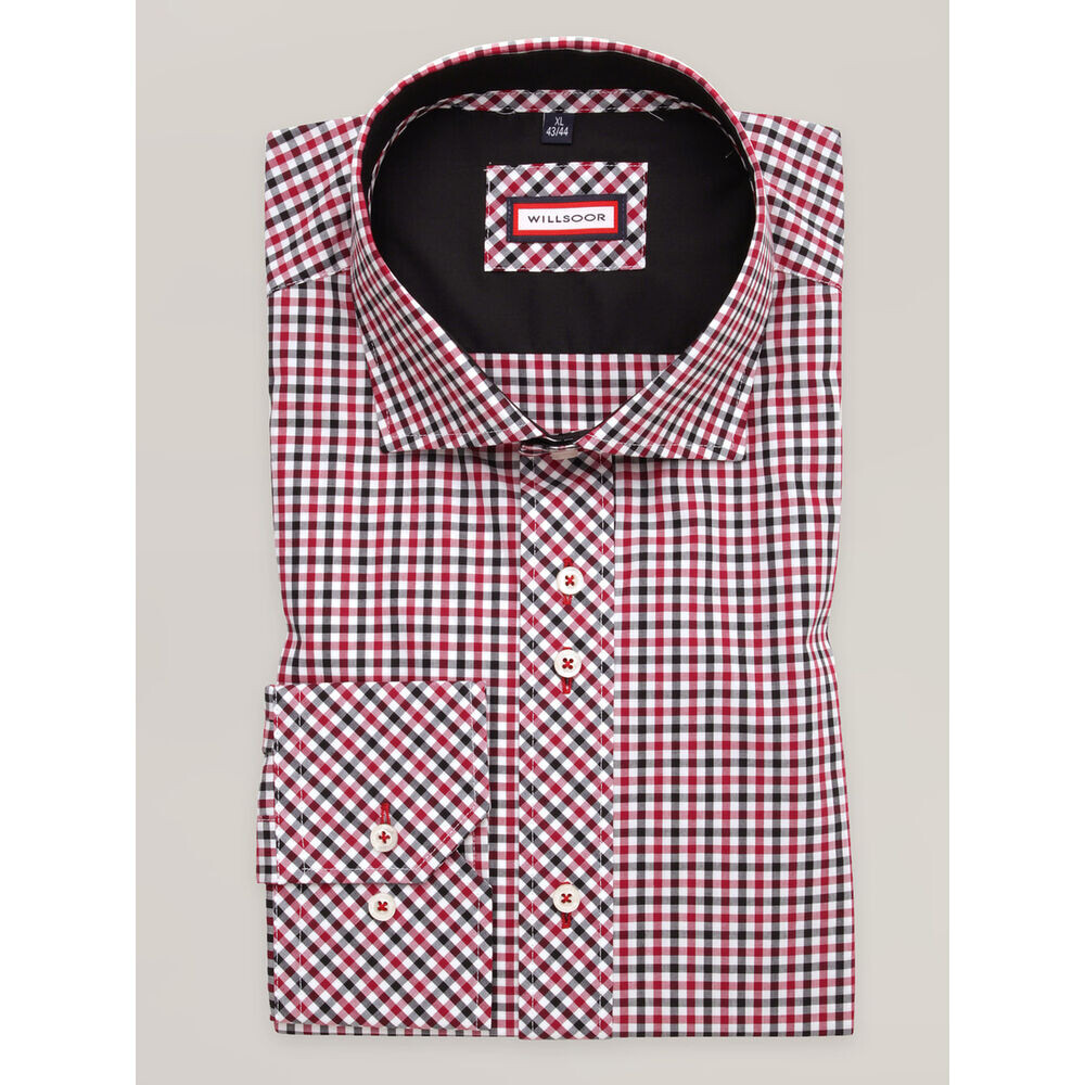 Pánska košeľa slim fit s červeným károvaným vzorom a talianskym golierom 16724