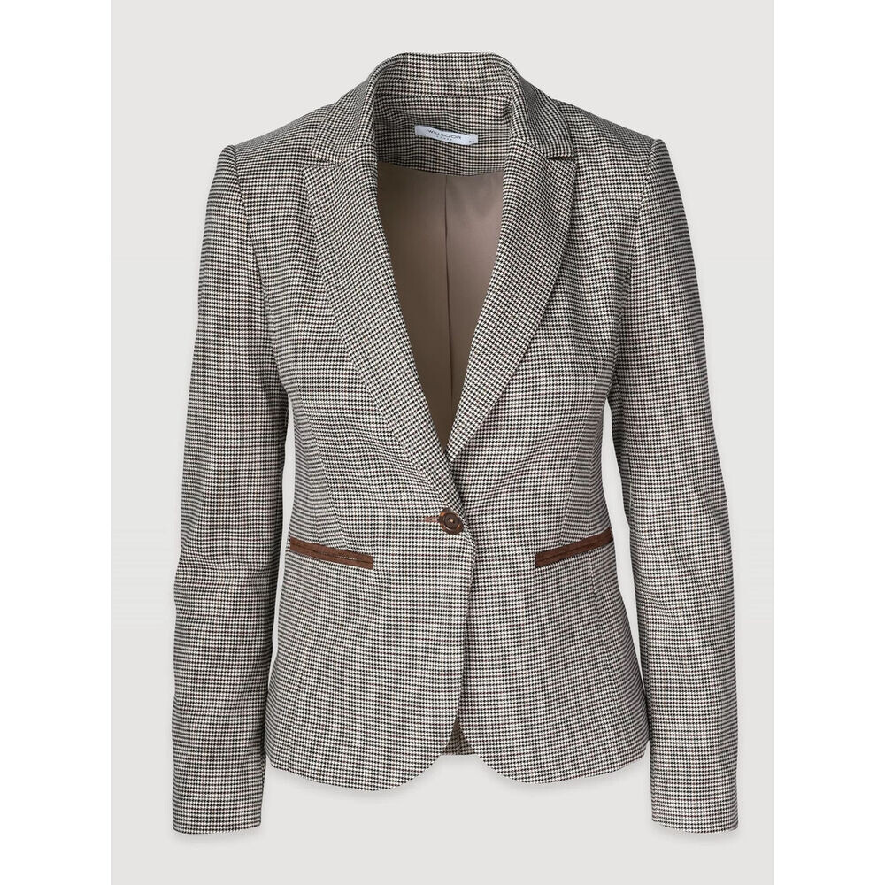 Dámske sako s hnedo-béžovo-modrým pepito vzorom a lakťovými nášivkami 19545