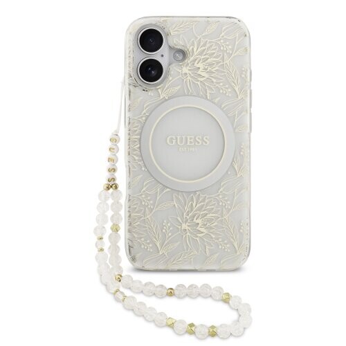 Guess IML Flowers Allover Strap MagSafe Zadní Kryt pro iPhone 17 White