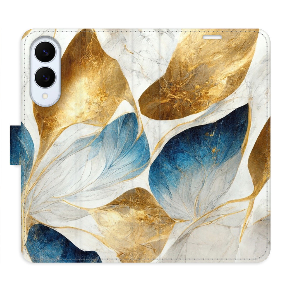 Flipové puzdro iSaprio - GoldBlue Leaves - Samsung Galaxy S25 Edge