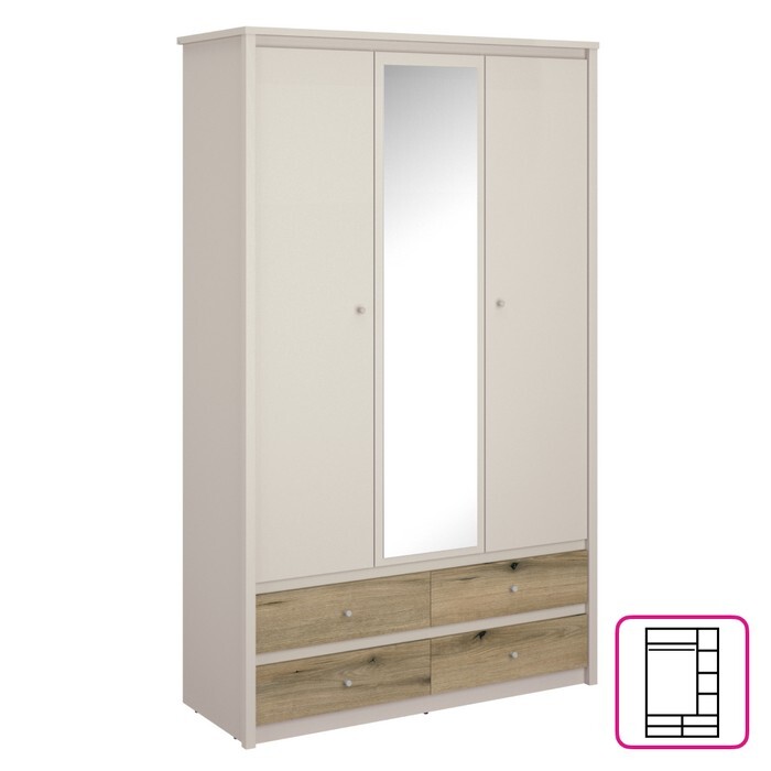 KONDELA Karos 3D4S trojdverová šatníková skriňa so zrkadlom krémová / dub evoke