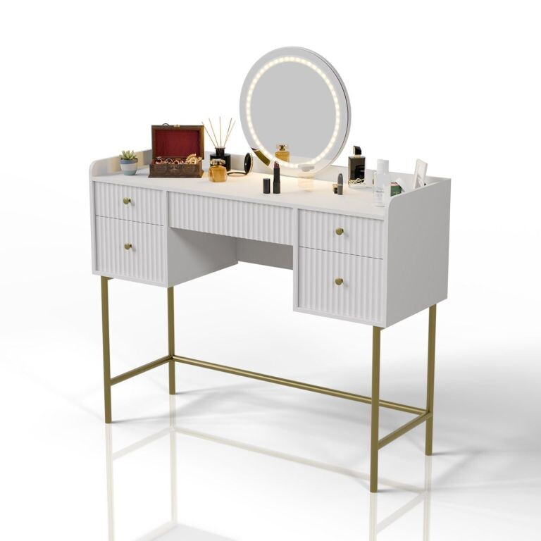 Toaletný stolík s LED zrkadlom, 5 zásuviek, biela/zlatá