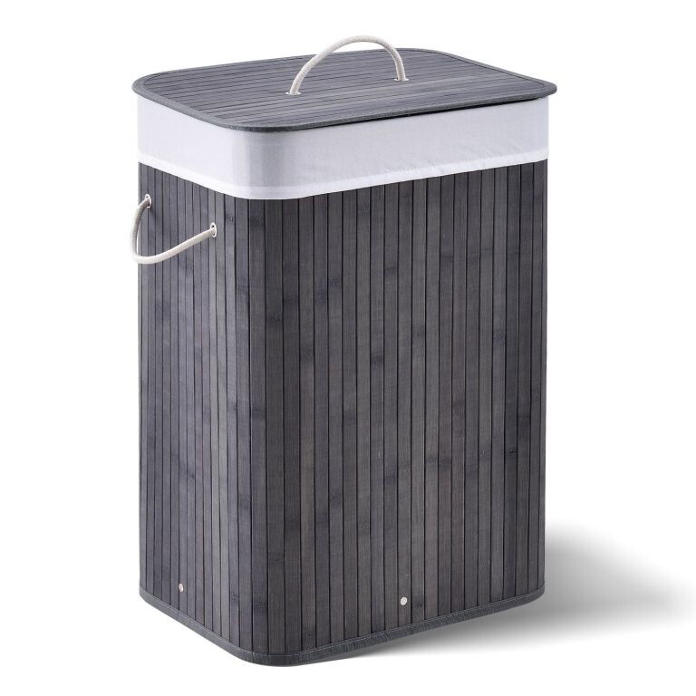 Bambusový košík na bielizeň s vekom, 72 l, sivý
