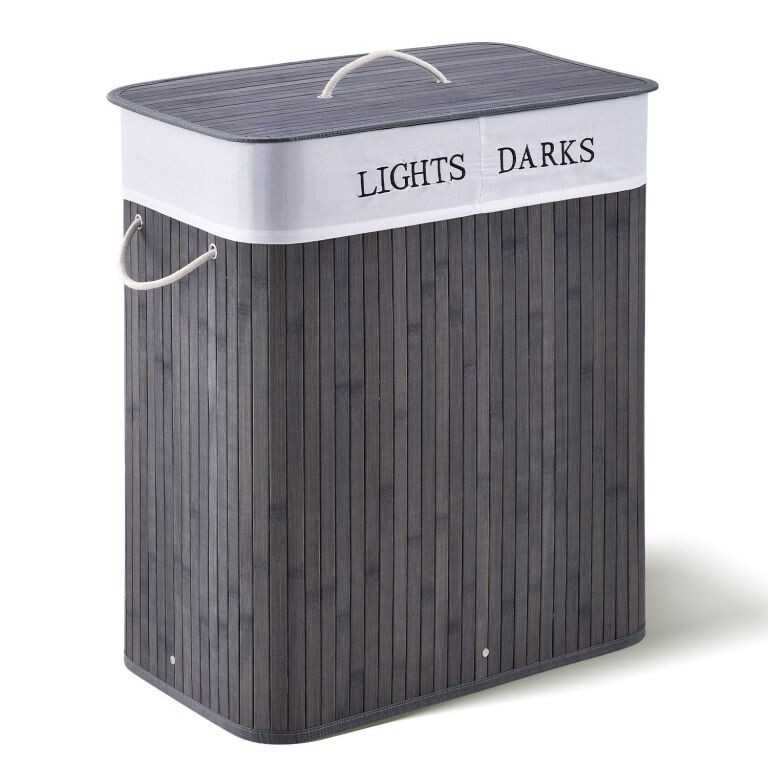 Bambusový košík na bielizeň 100 l, 2 priehradky, sivý