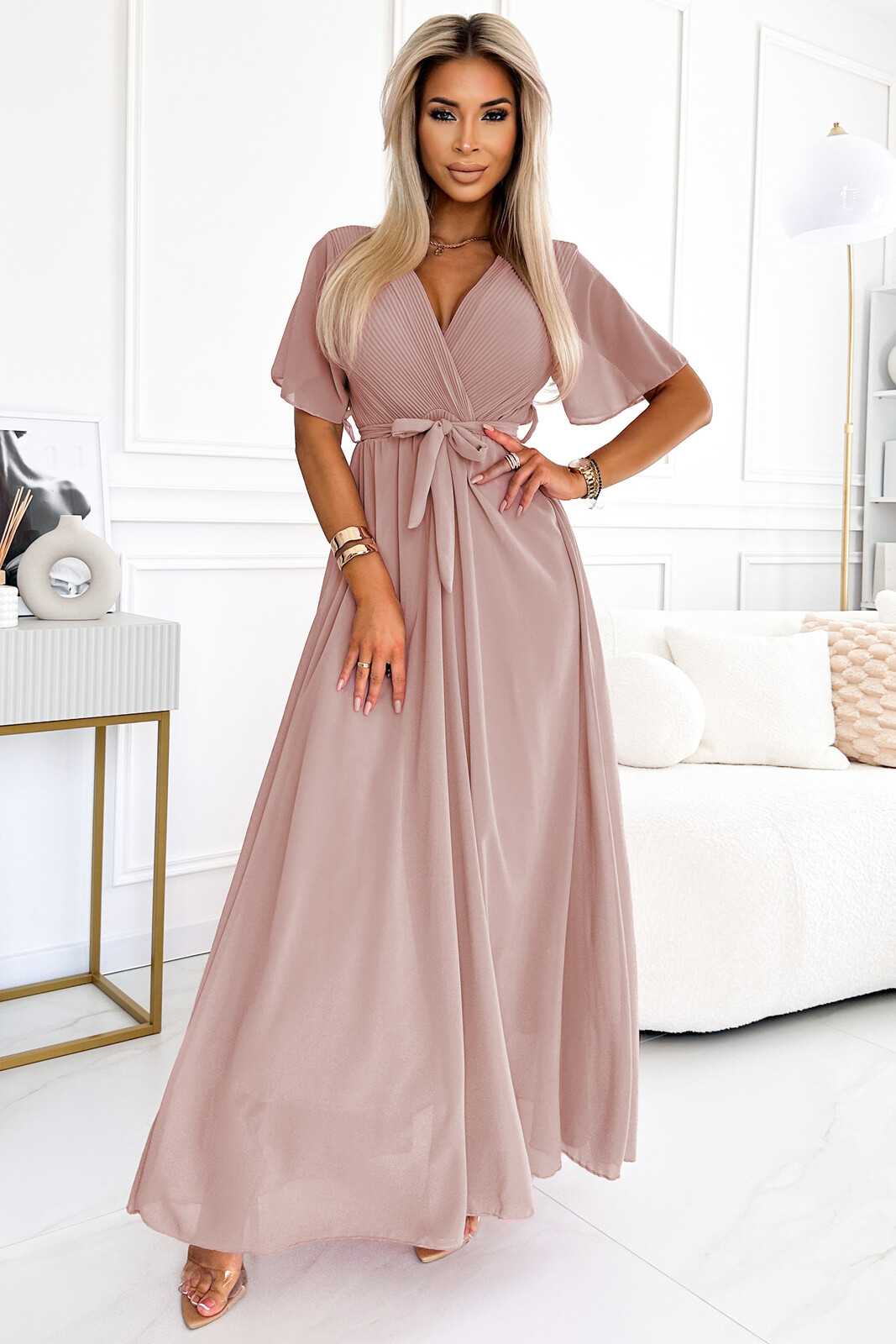 545-6 Long dress with pleated neckline and tie - taupe