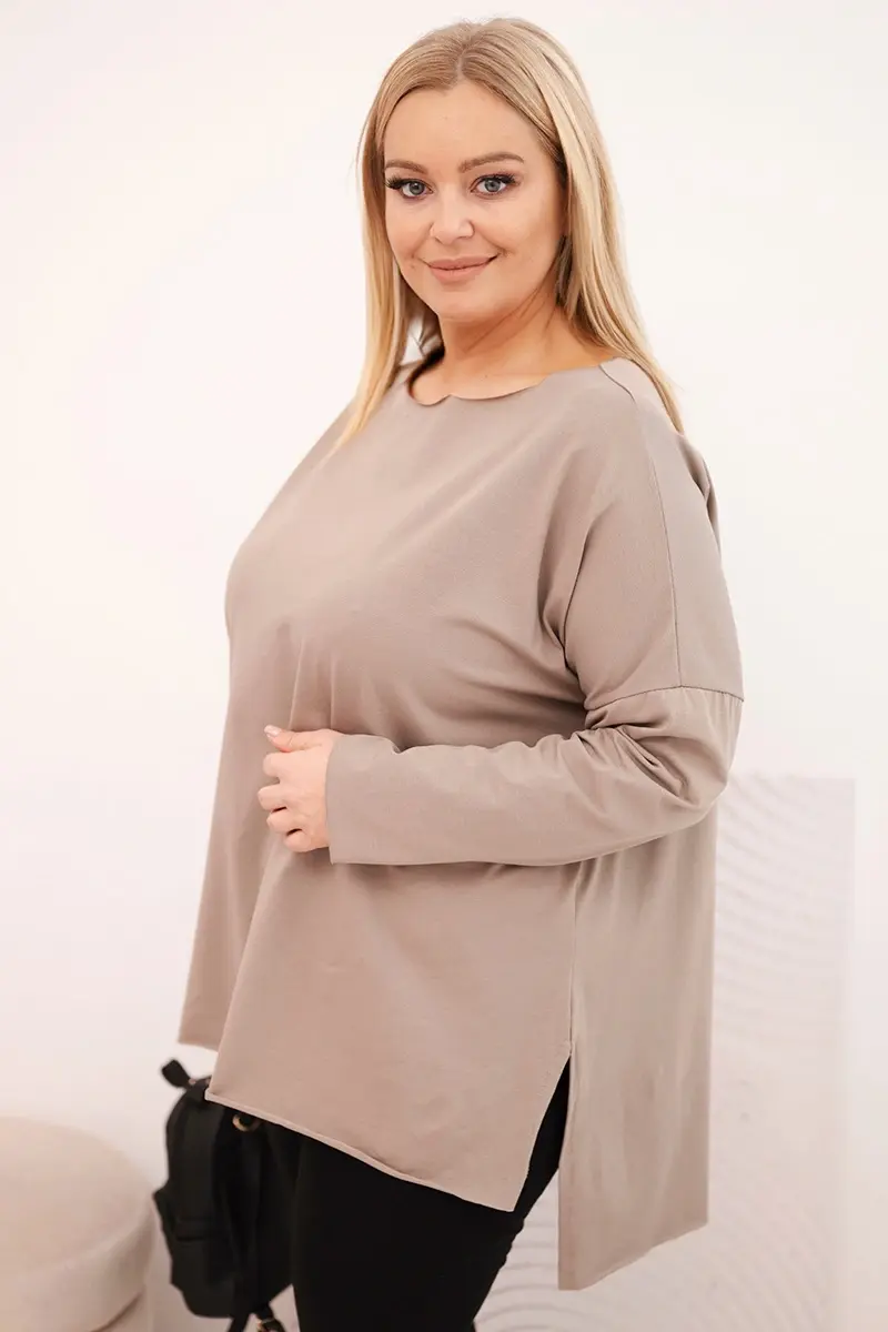 Kesi Dámska bavlnená blúzka Plus Size asymetrická s dlhým rukávom fango