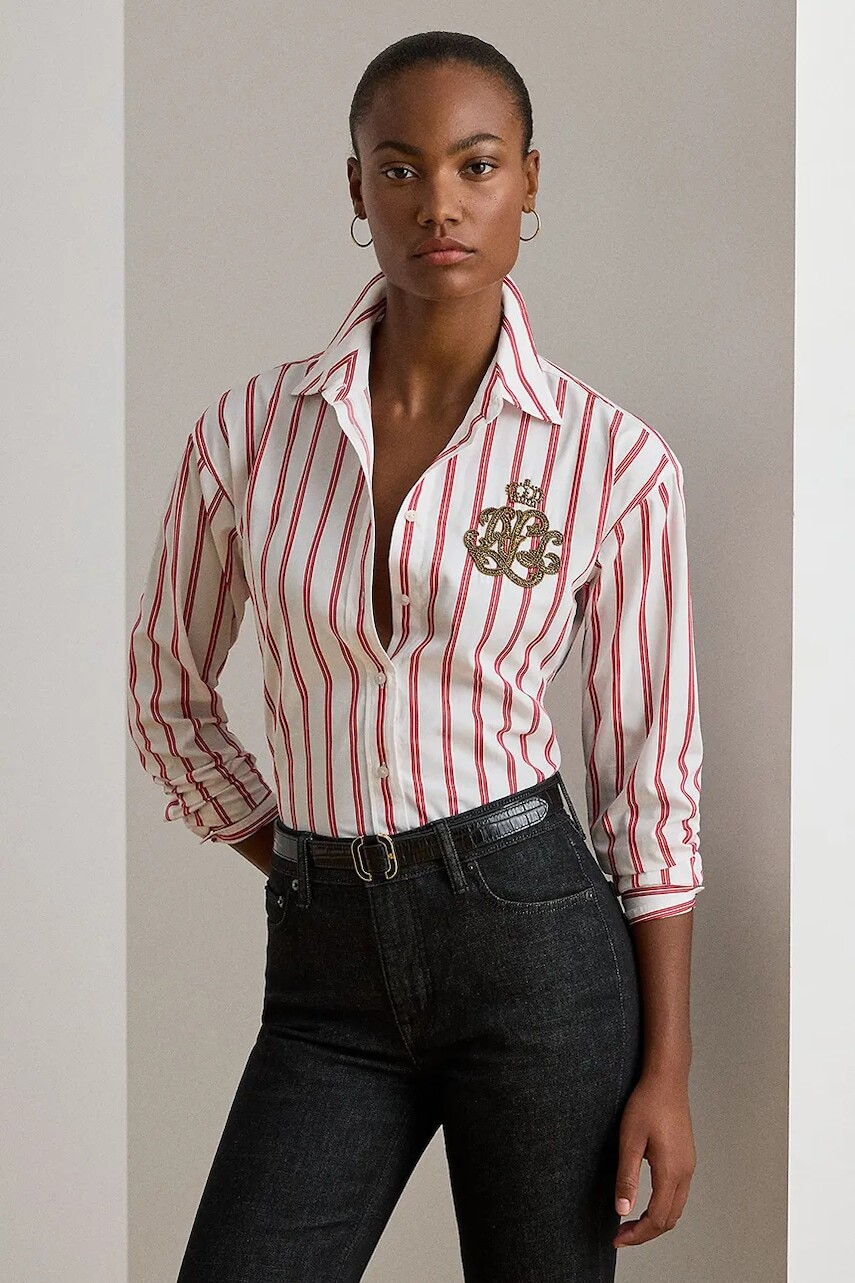 Bavlnená košeľa Lauren Ralph Lauren ružová farba, voľný strih, s klasickým golierom, 200979991