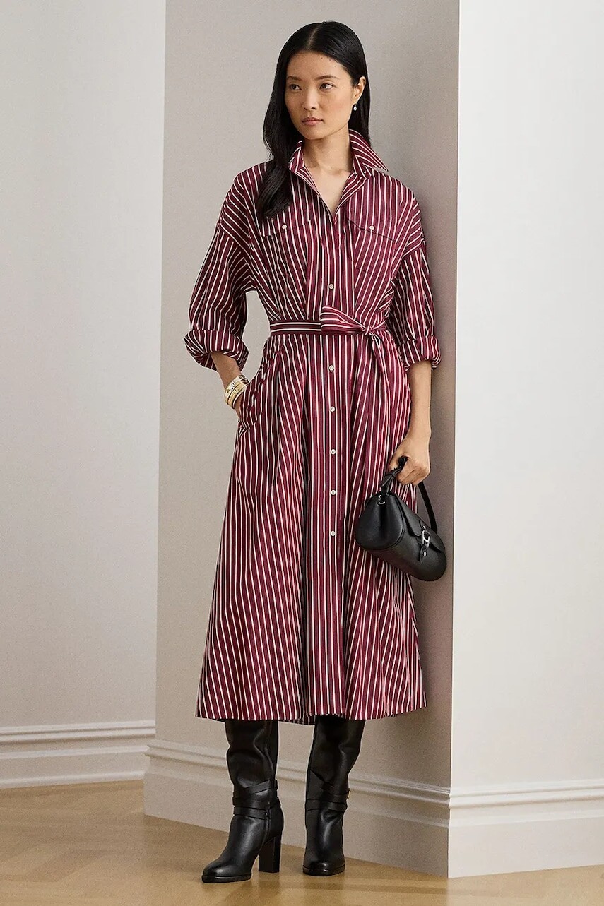 Bavlnené šaty Lauren Ralph Lauren bordová farba, midi, áčkový strih, 200P03516