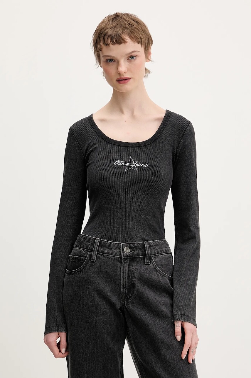 Tričko s dlhým rukávom Guess Jeans čierna farba, W6RP24 KA0H1