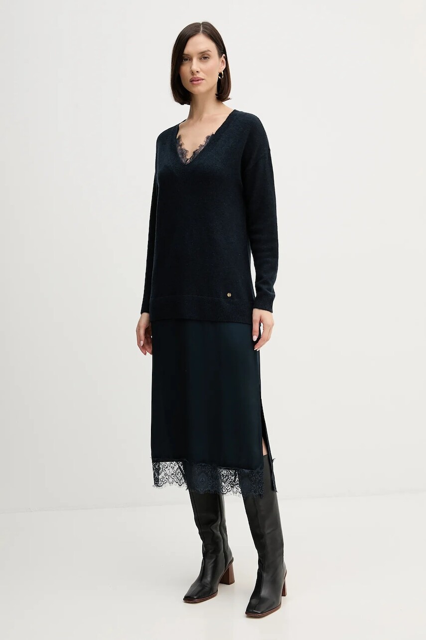 Šaty s prímesou vlny Pedro del Hierro tmavomodrá farba, midi, rovný strih, 6192942