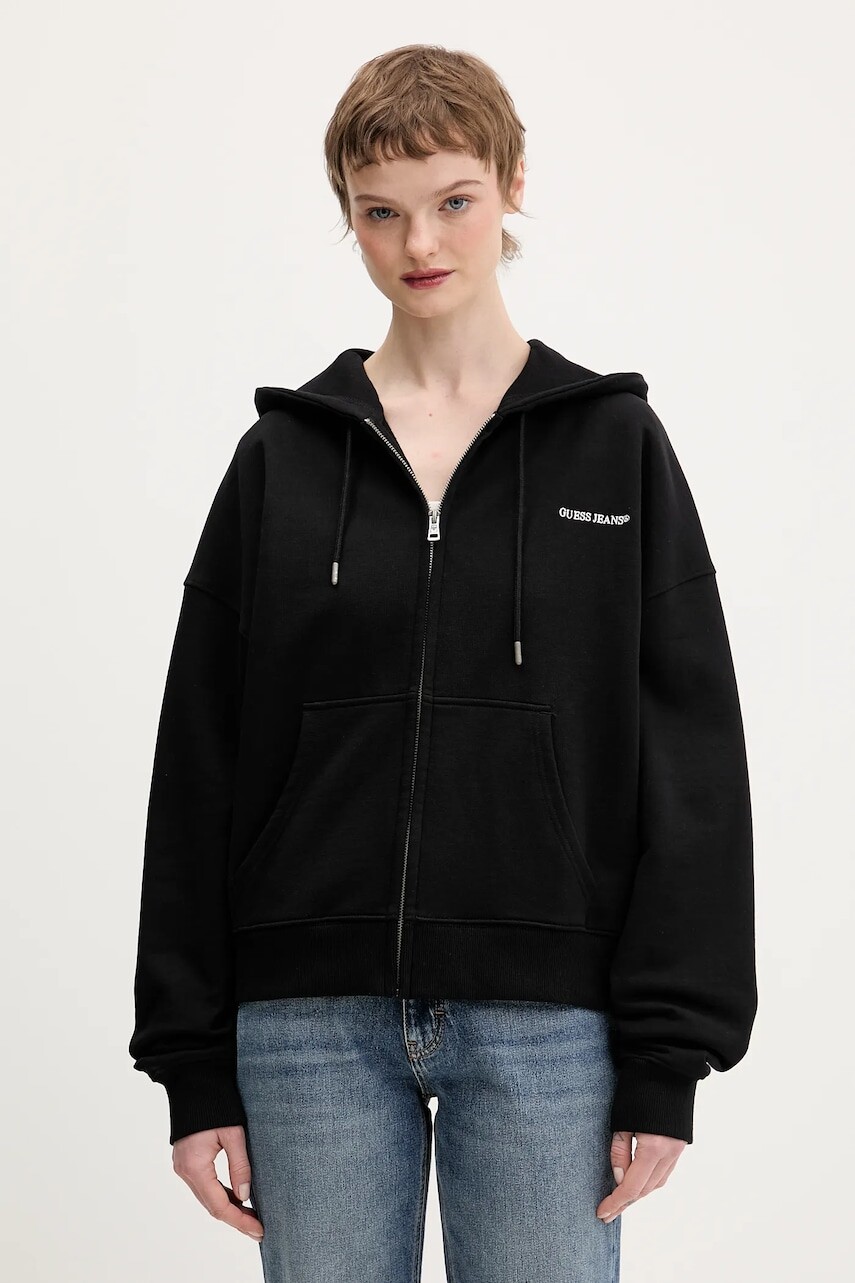 Bavlnená mikina Guess Jeans čierna farba, s kapucňou, jednofarebná, W6RQ32 K68I4