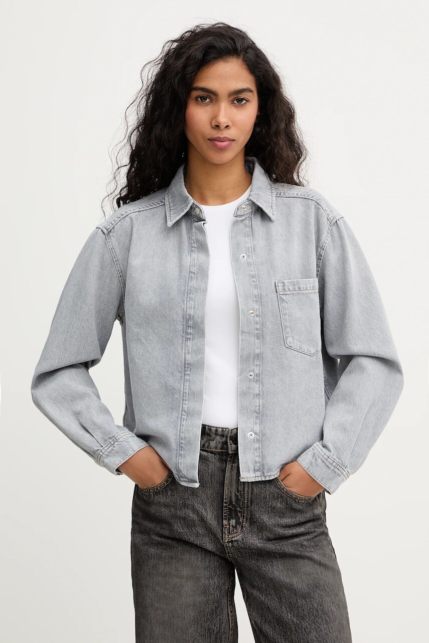 Rifľová košeľa Marc O'Polo šedá farba, voľný strih, s klasickým golierom, 5000007394