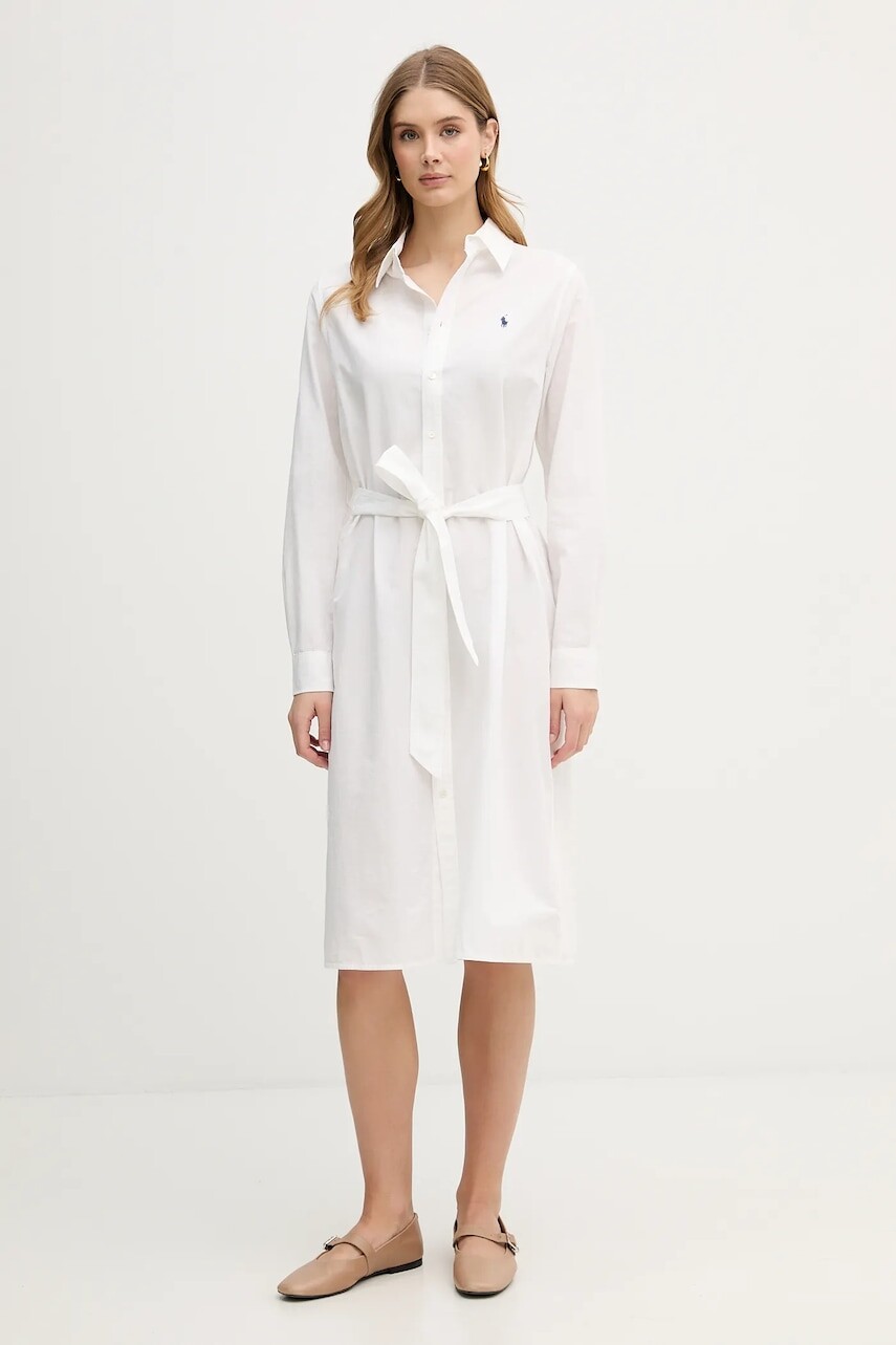 Šaty s prímesou ľanu Polo Ralph Lauren béžová farba, midi, rovný strih, 211B18781