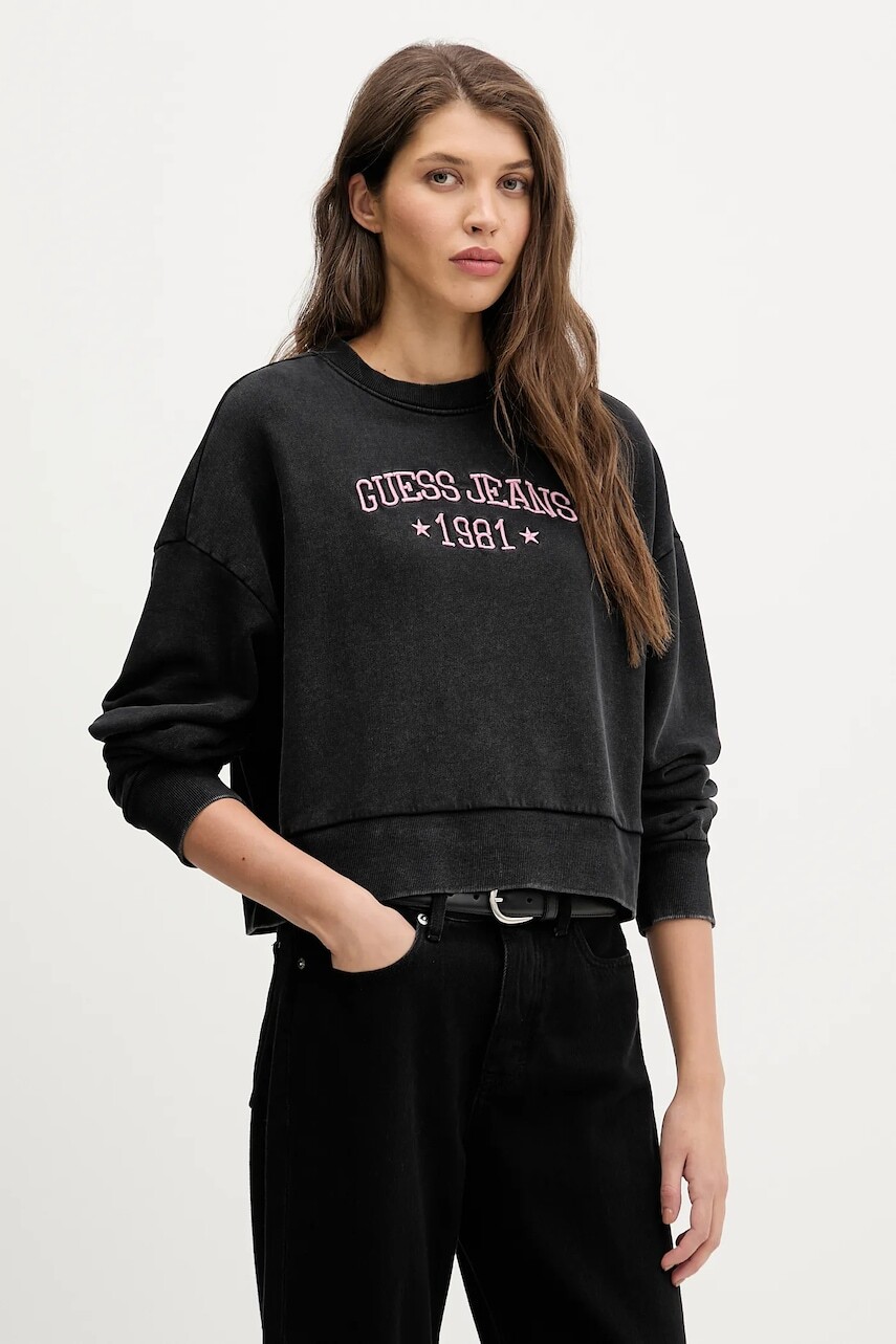 Bavlnená mikina Guess Jeans čierna farba, s nášivkou, W6RQ04 KCPR1