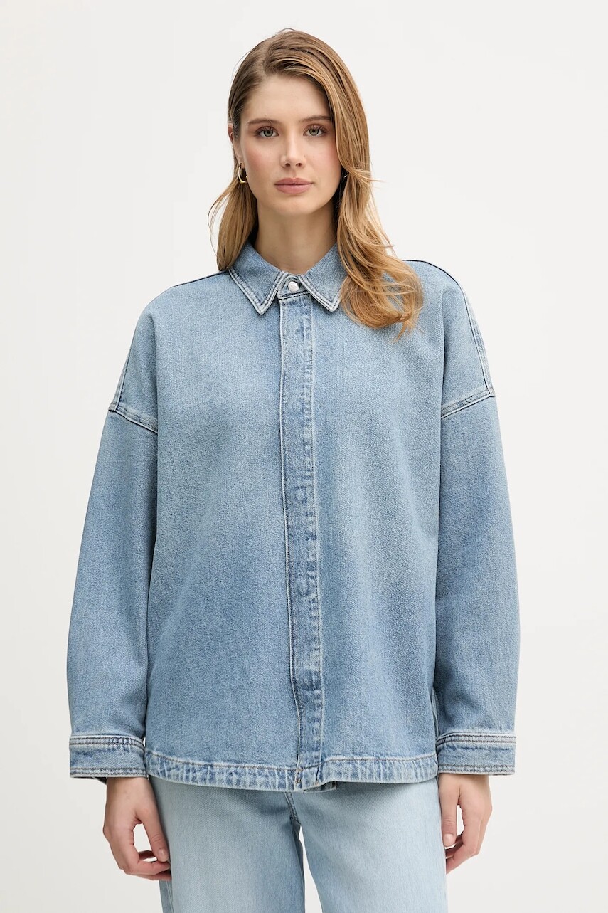 Rifľová košeľa Calvin Klein Jeans modrá farba, voľný strih, s klasickým golierom, LV047E753G