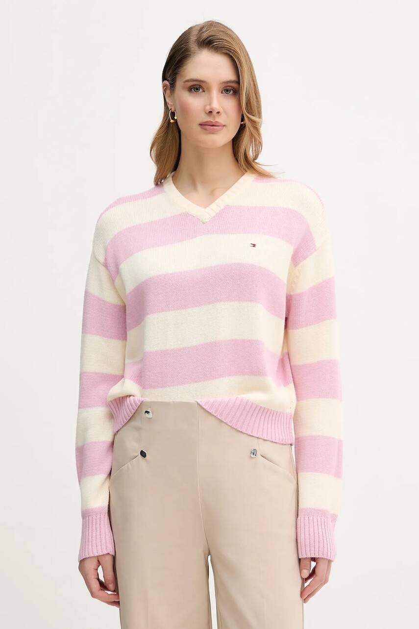 Sveter s prímesou kašmíru Tommy Hilfiger ružová farba, ľahké, WW0WW47655