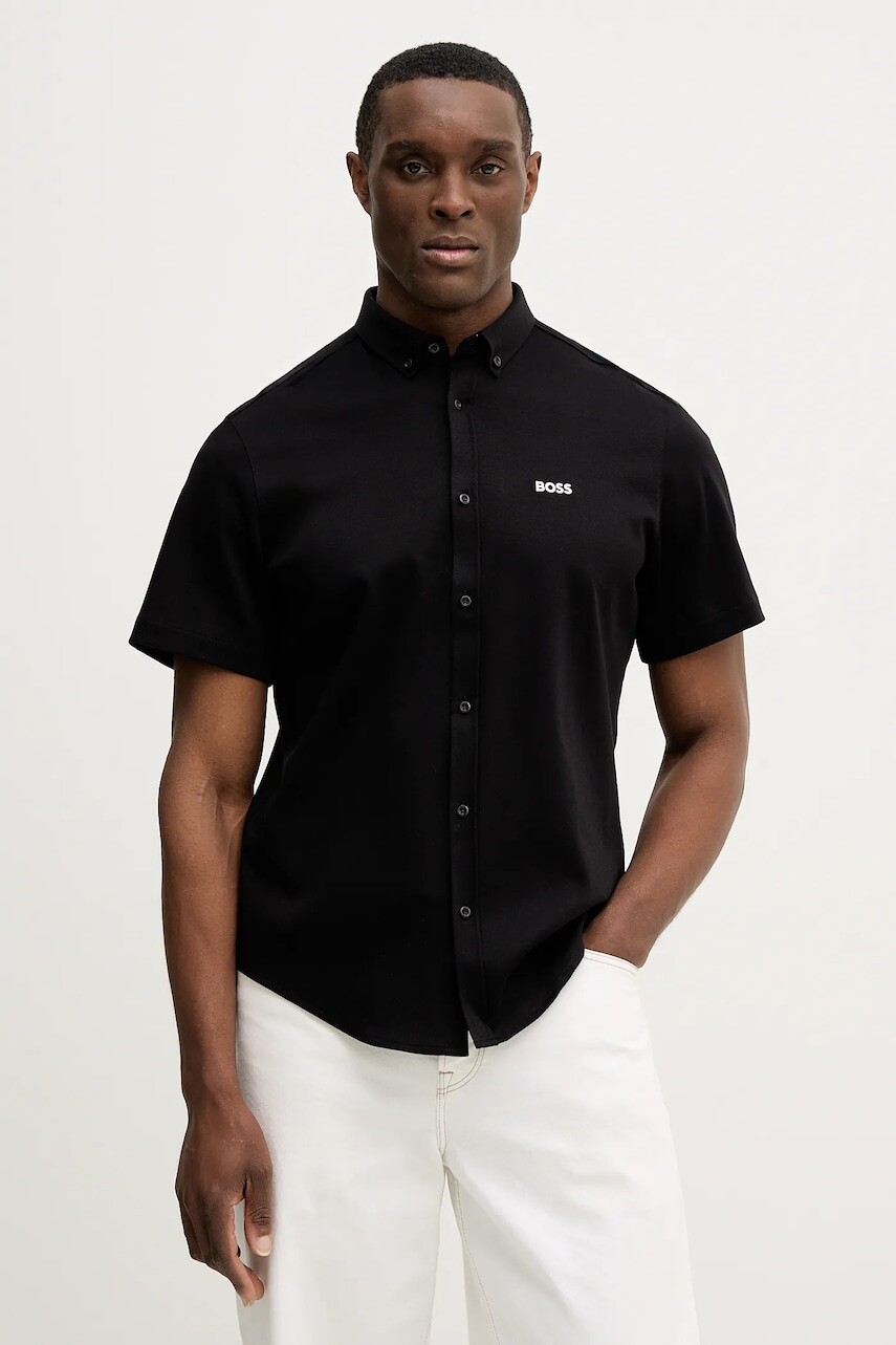 Bavlnená košeľa BOSS Green ST_Motion S čierna farba, regular, s golierom button-down, 50555951