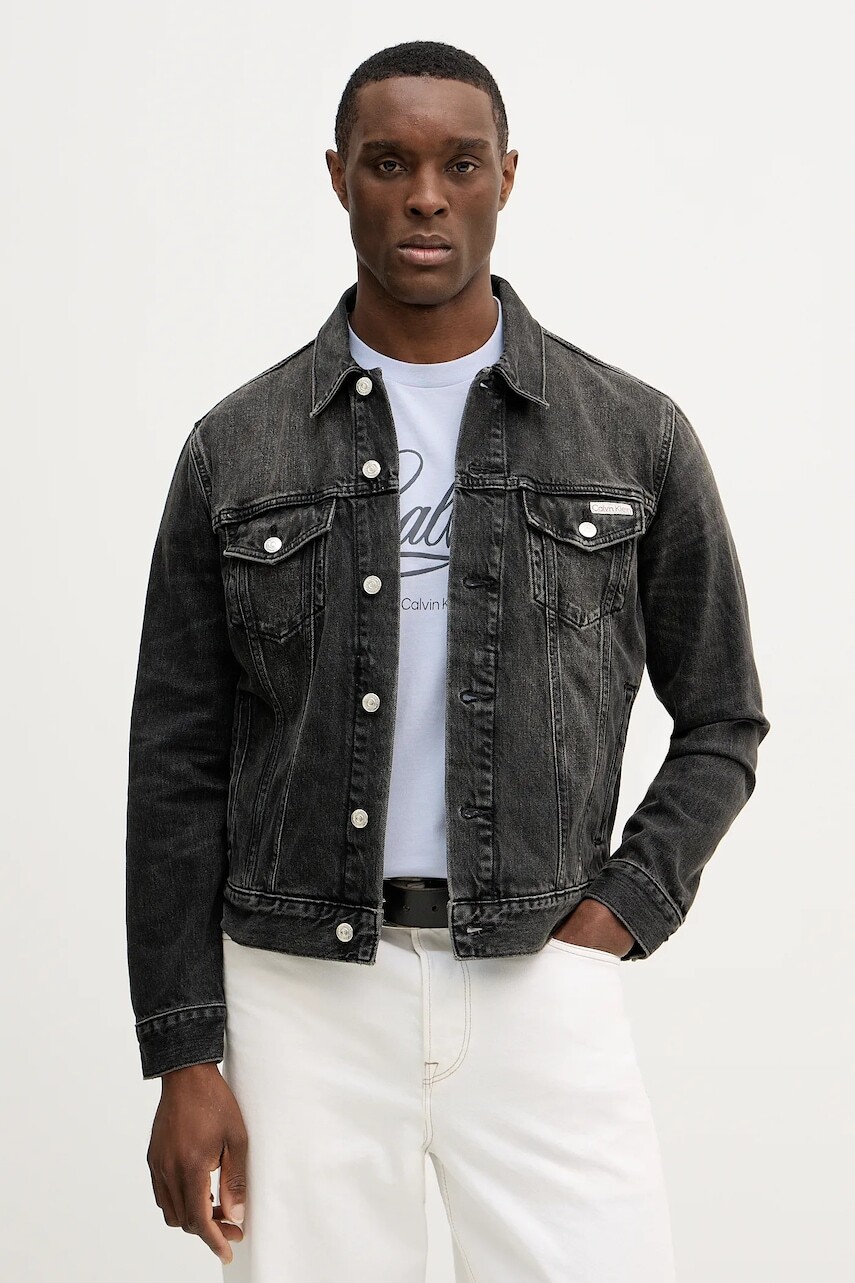 Bavlnená rifľová bunda Calvin Klein Jeans čierna farba, prechodná, LV04RE765G