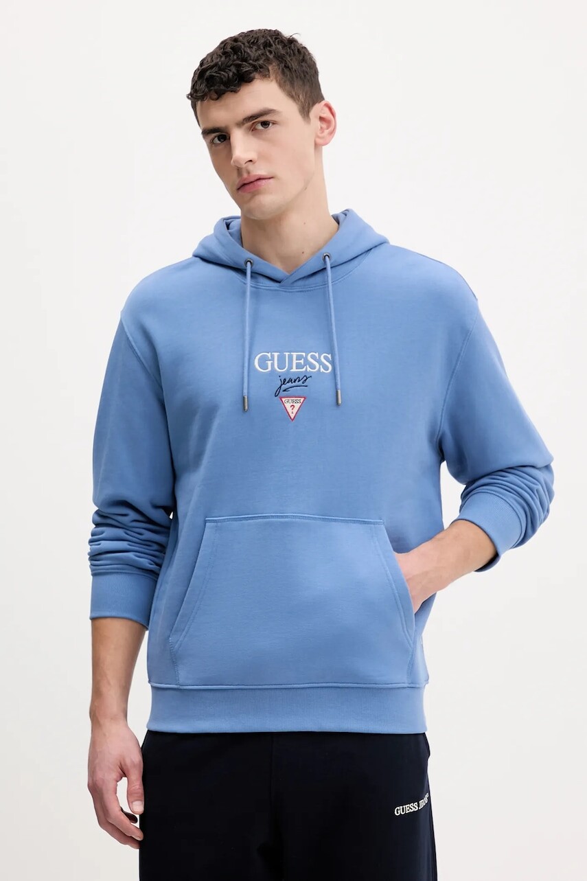 Bavlnená mikina Guess Jeans modrá farba, s kapucňou, melanžová, M6RQ26 KCPR1