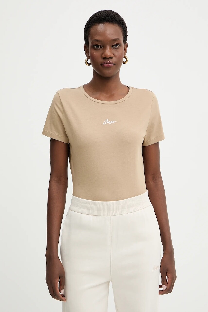 Bavlnené tričko BOSS Orange C Elove embro dámske, béžová farba, 50554696