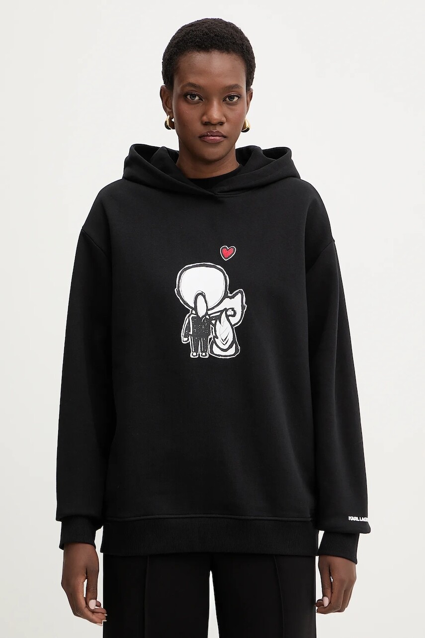 Bavlnená mikina Karl Lagerfeld IKON čierna farba, s kapucňou, vzorovaná, B1W20030