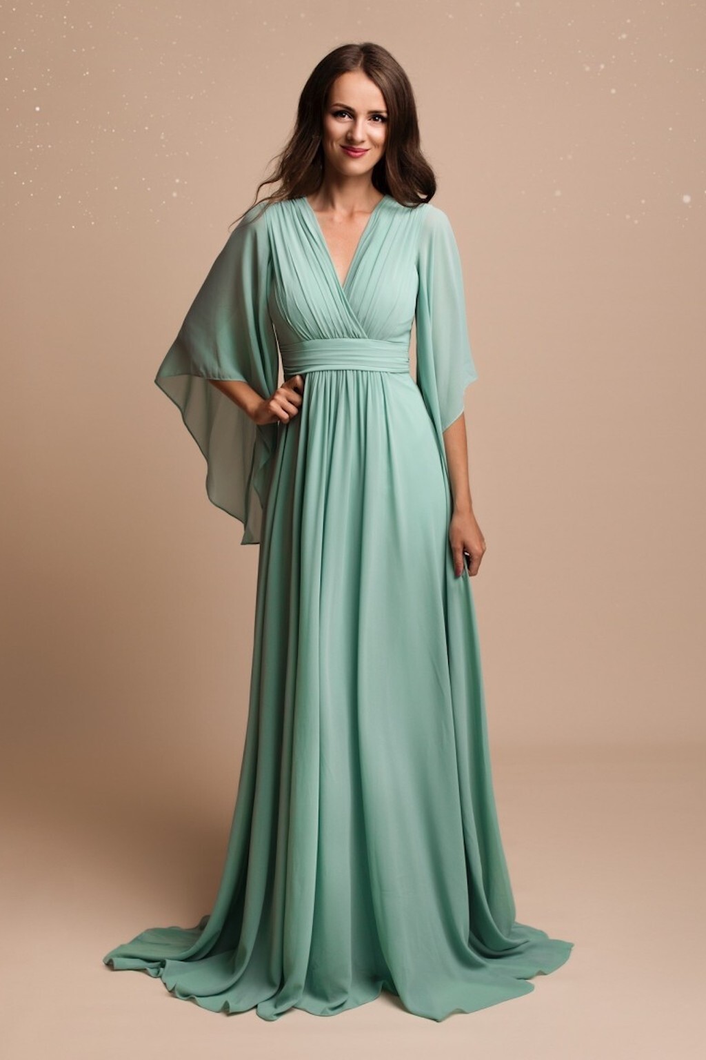 Eva & Lola Svetlozelené šifónové šaty s voľnými rukávmi Veľkosť: S