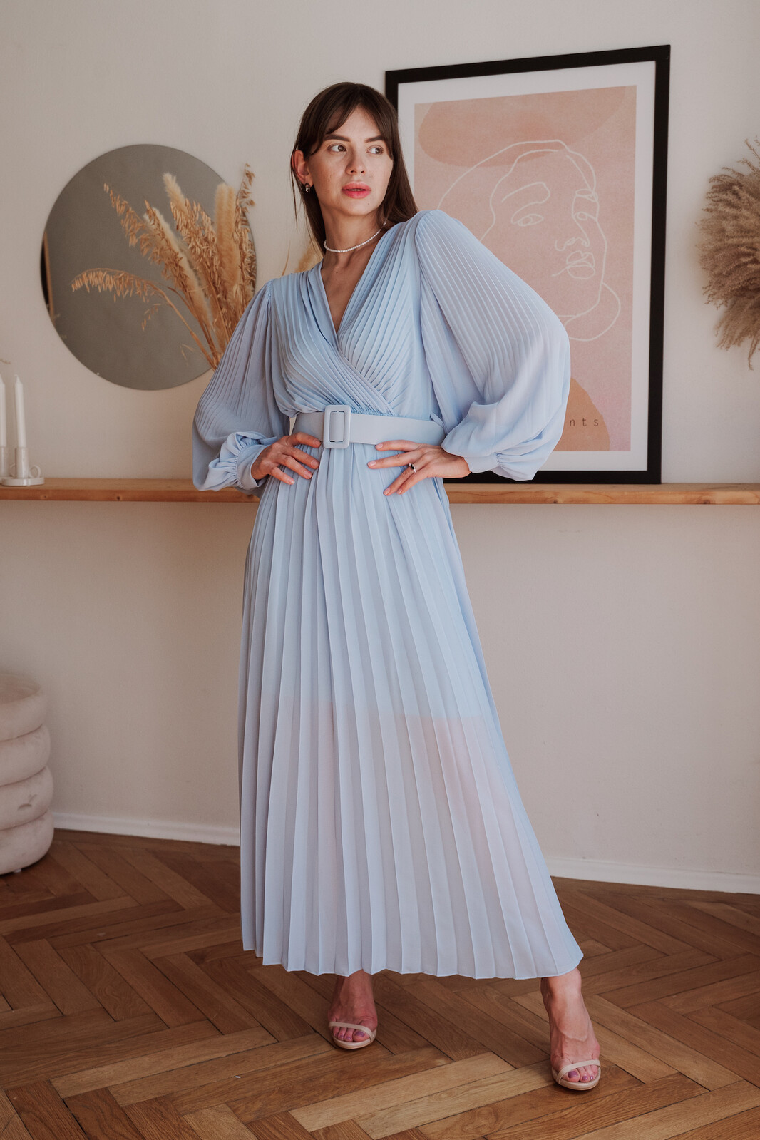 Numoco Svetlomodré midi šaty so skladanou sukňou Veľkosť: UNI