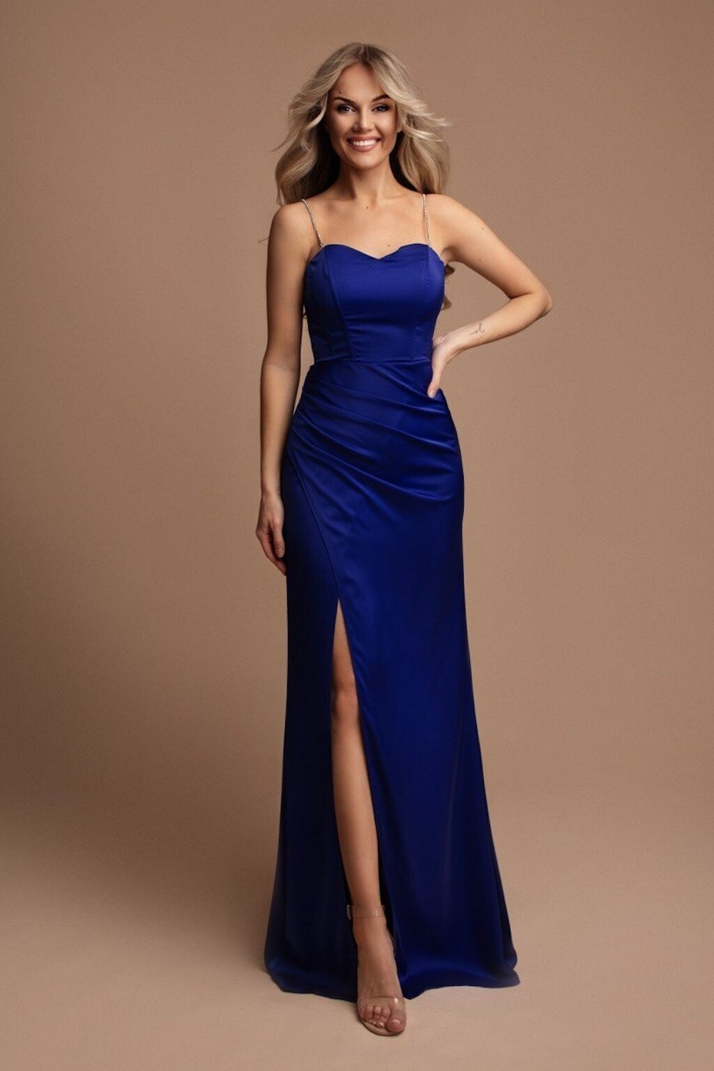 Eva & Lola Modré priliehavé šaty so štrasovými ramienkami Veľkosť: L