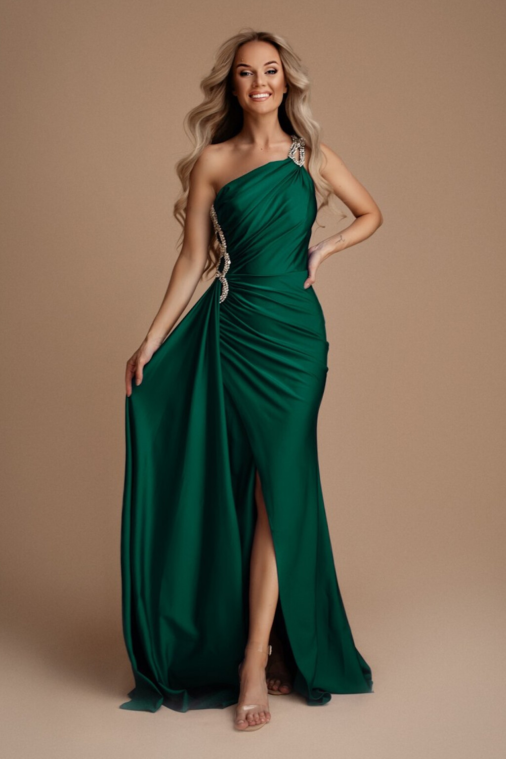 Eva & Lola Smaragdové priliehavé šaty so striebornou aplikáciou Veľkosť: L