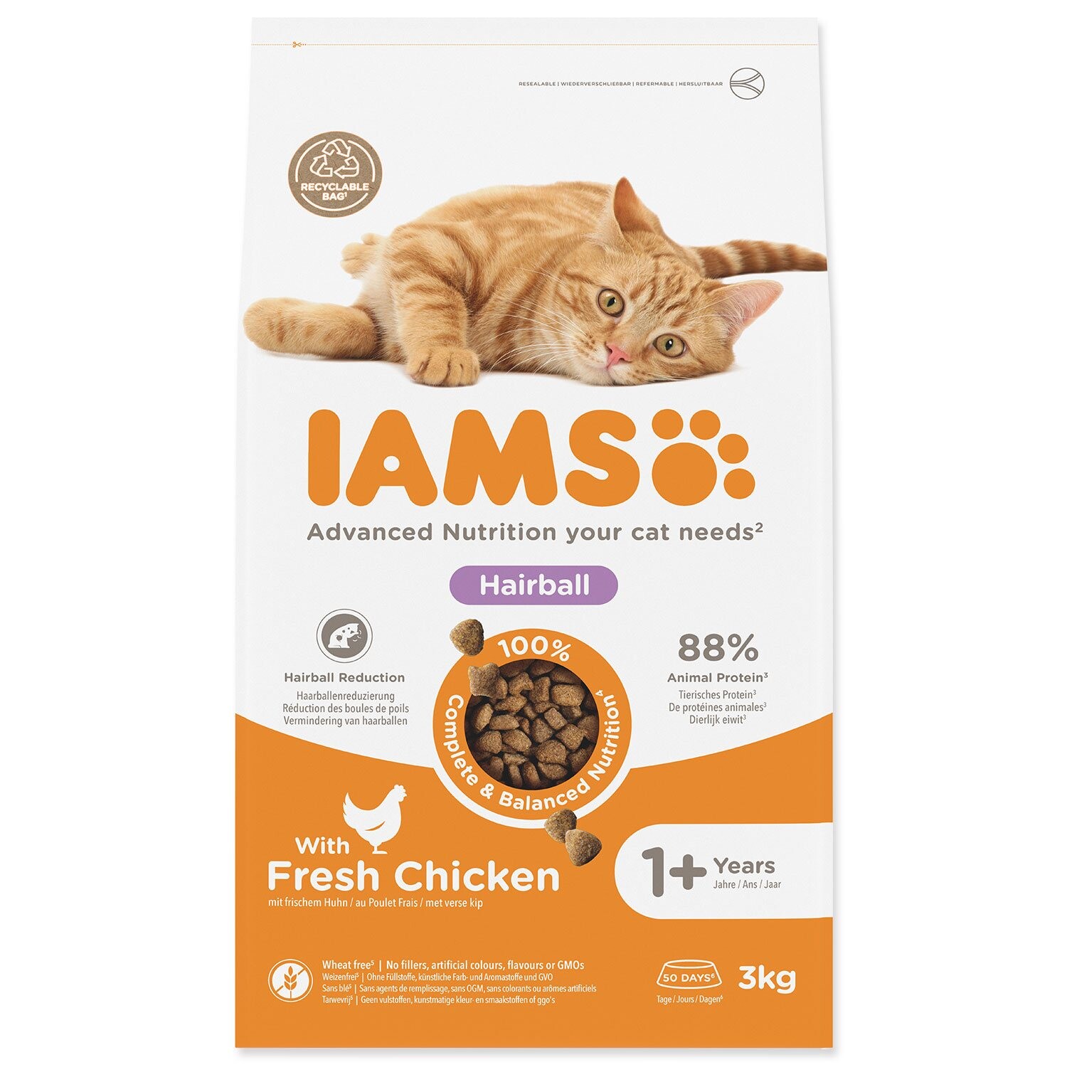 IAMS granule pre mačky, 3 kg - 15% zľava - Advanced Nutrition Hairball Chicken (3 kg)