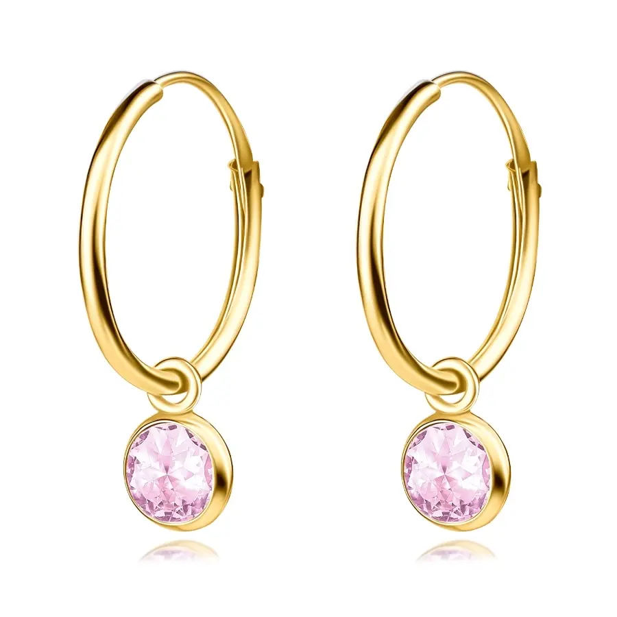 Náušnice zo žltého zlata 375 - hladké kruhy ozdobené ružovým zirkónom