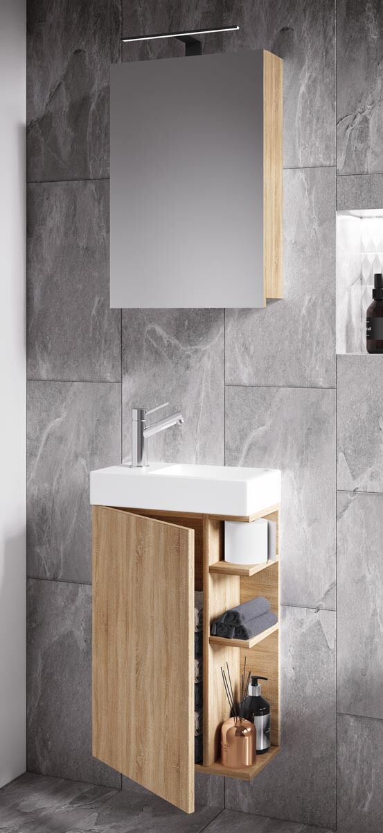 Trojdielna skrinka s umývadlom pre hostí Lumia so zrkadlom, dub Sonoma