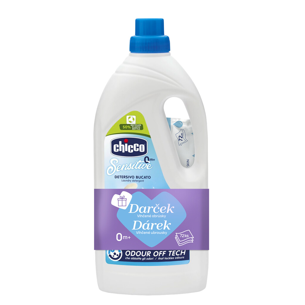 CHICCO Prostriedok prací detský Sensitive 1,5 l (27 praní) + vlhčené obrúsky 72 ks zadarmo