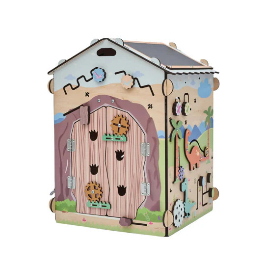 Drevený activity board domček s osvetlením – Dino
