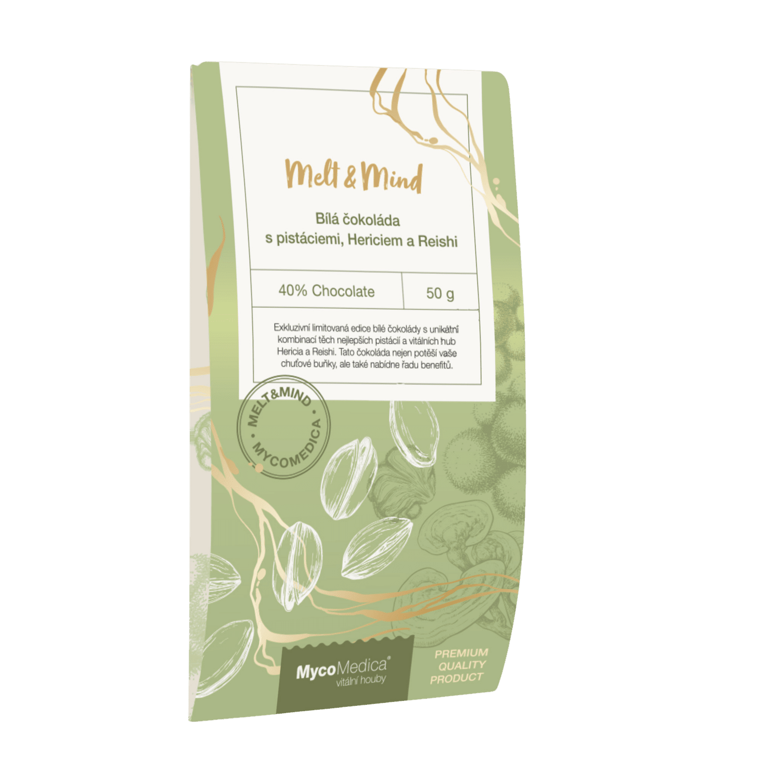 MYCOMEDICA Biela čokoláda s pistáciami, Hericiem a Reishi 50 g