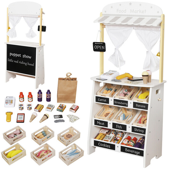 Drevený obchodný stánok a herňa 2 v 1 kreatívna zábava pre deti