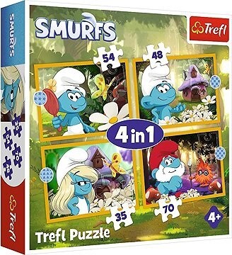 TREFL Puzzle Život v šmolkovskej dedine 4 v 1 (35, 48, 54, 70 dielikov)